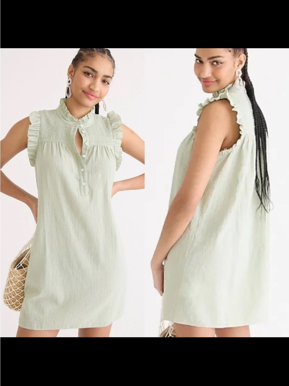 Two J Crew Gauze Ruffle Neck Mini Dresses - Green and Black